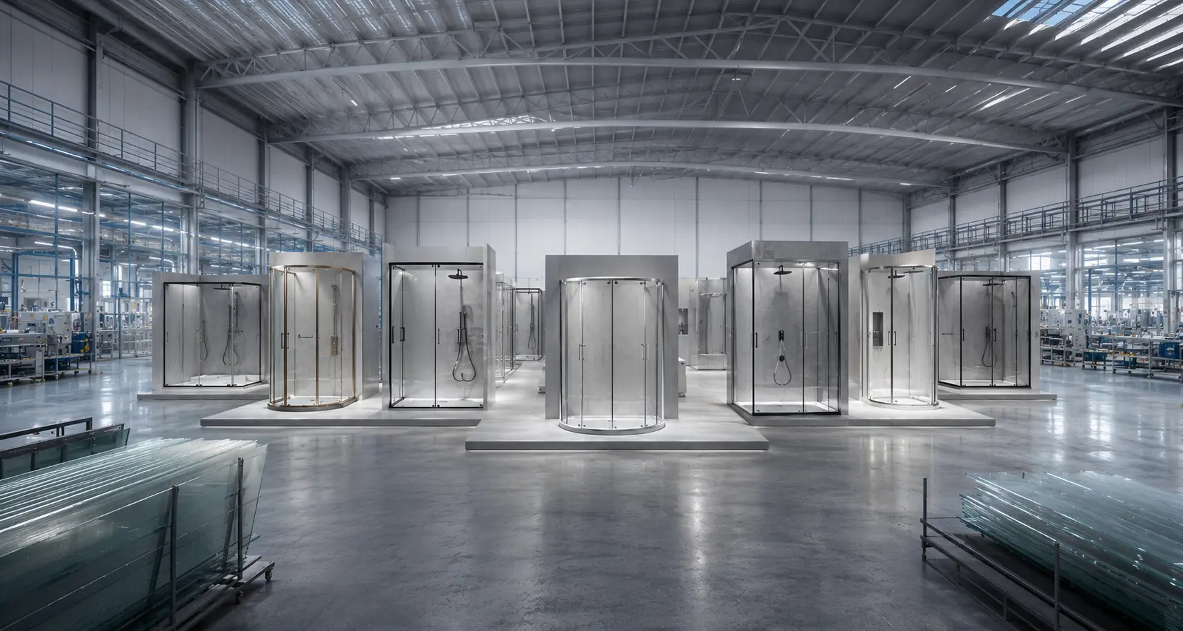 Shower enclosure production and display area at YFX factory