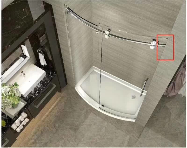 Frameless single sliding curved shower door - installation and hardware detail