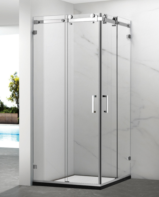 Frameless two-sided sliding shower enclosure