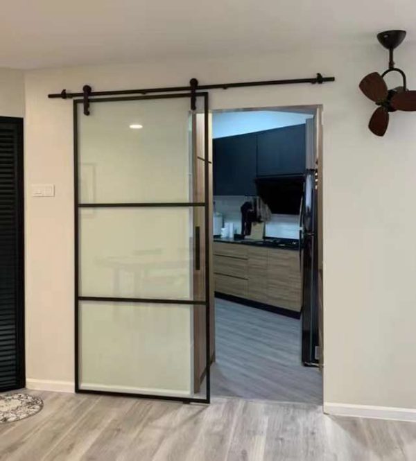 YFX single glass barn door with exposed rollers and rail